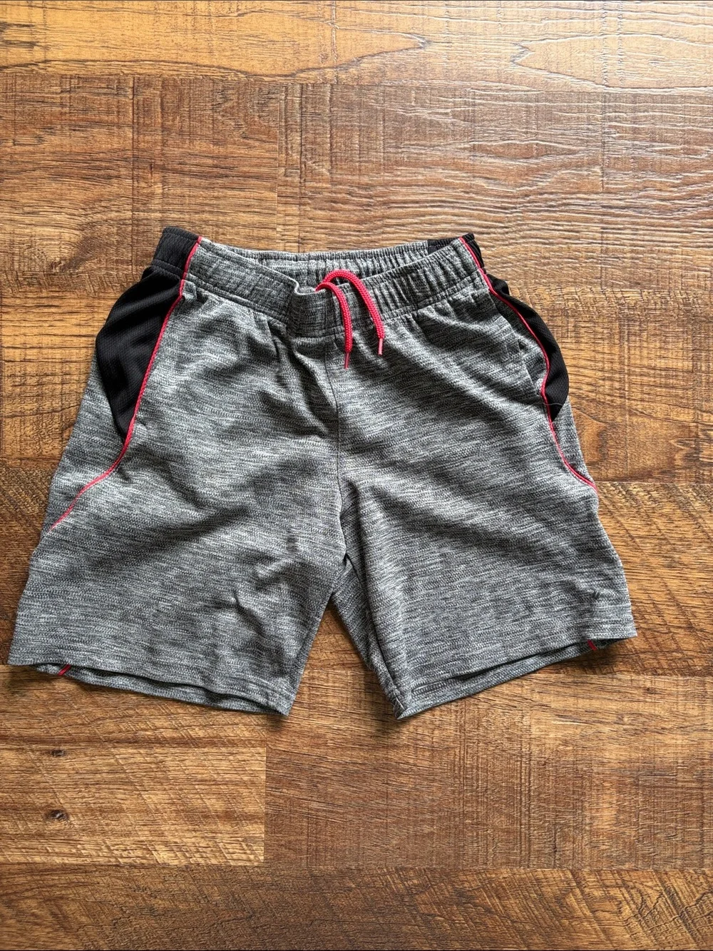 Old Navy Grey Athletic Shorts with Black Panels and Red Trim